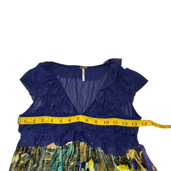 Free People Velvet Burnout Floral Mini Dress Blue Yellow Ruffle Mesh Bodice SZ:S - Picture 7 of 7